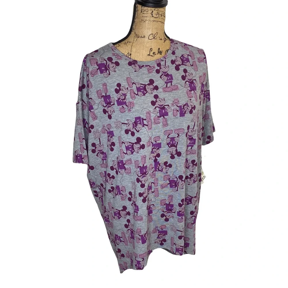LuLaRoe Irma Disney Mickey Mouse Tunic Top Gray Purple XS New With Tags Baggy